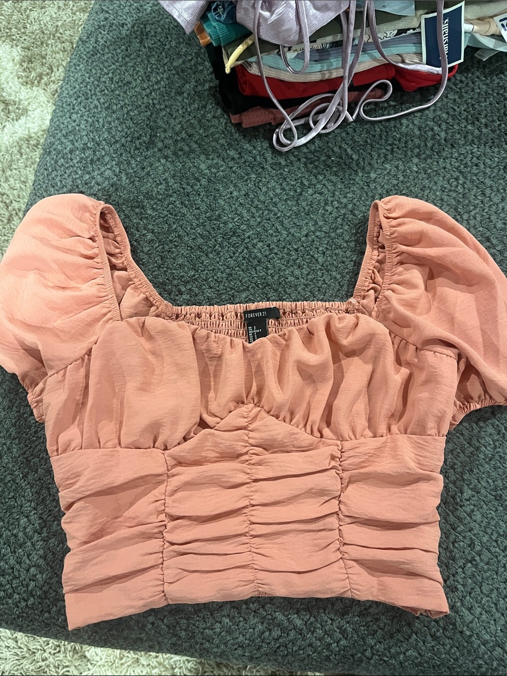 Forever 21 Peach Puff Ruched Puff-Sleeve Crop Top - Blush Peach